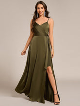 Spaghetti Straps Ruched Satin Bridesmaid Dress with Slit